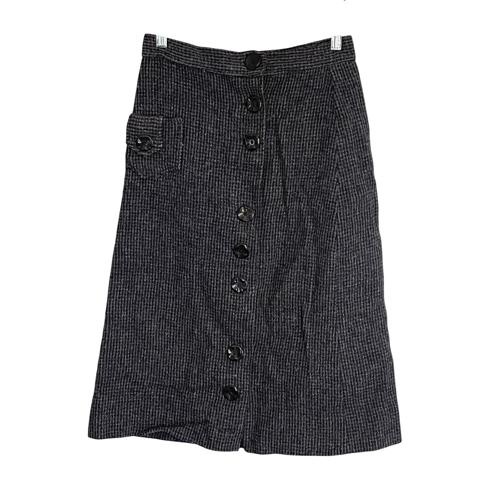 Vintage Grey Wool Textured Knit Button Front A-Line Midi Skirt High Waisted Grey